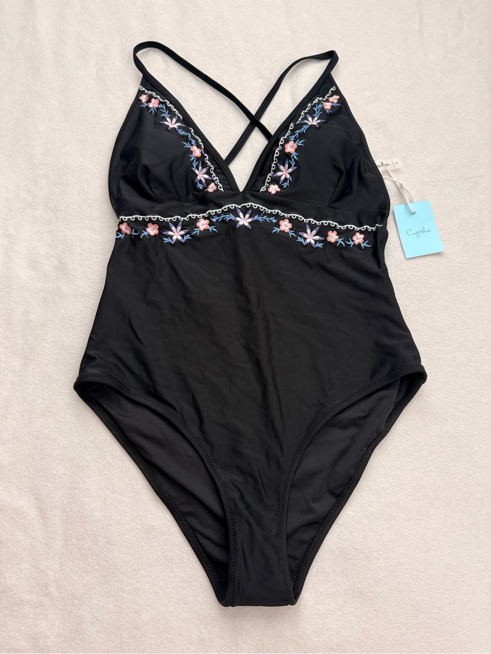 Cupshe Black One-Piece Swimsuit with Pink & Blue Floral Embroidery